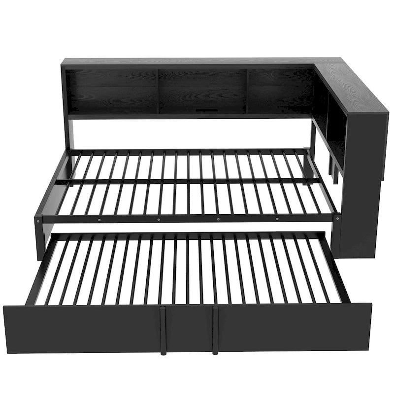 Divano letto con struttura in metallo, con libreria ad angolo, spondina di protezione, porte USB e letto estraibile, a basso profilo