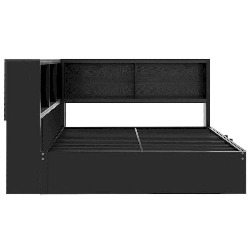 Divano letto con struttura in metallo, con libreria ad angolo, spondina di protezione, porte USB e letto estraibile, a basso profilo