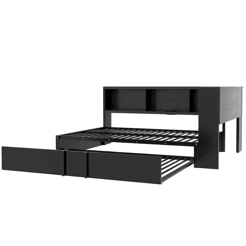 Divano letto con struttura in metallo, con libreria ad angolo, spondina di protezione, porte USB e letto estraibile, a basso profilo