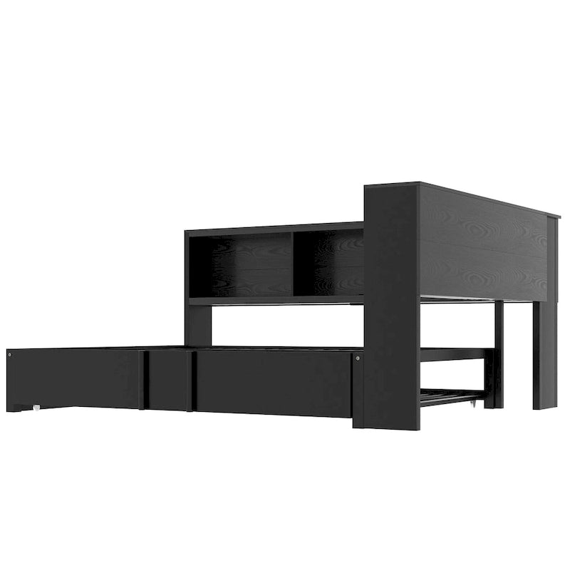 Divano letto con struttura in metallo, con libreria ad angolo, spondina di protezione, porte USB e letto estraibile, a basso profilo