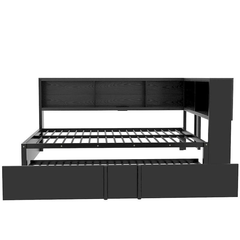 Divano letto con struttura in metallo, con libreria ad angolo, spondina di protezione, porte USB e letto estraibile, a basso profilo