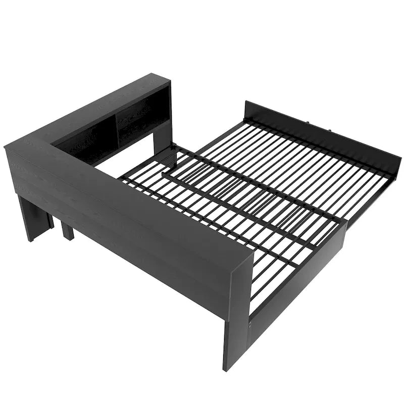 Divano letto con struttura in metallo, con libreria ad angolo, spondina di protezione, porte USB e letto estraibile, a basso profilo