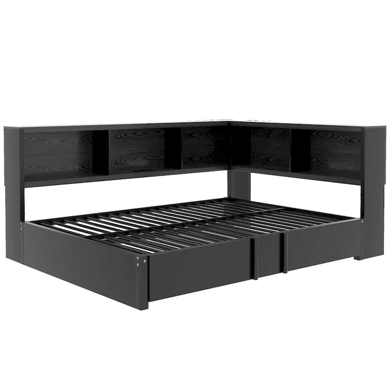Divano letto con struttura in metallo, con libreria ad angolo, spondina di protezione, porte USB e letto estraibile, a basso profilo