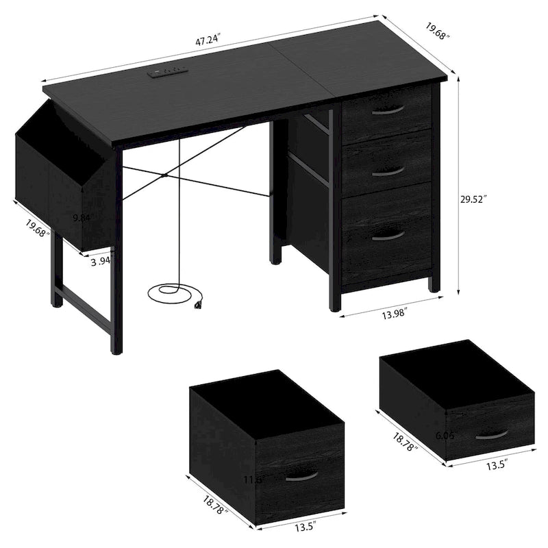 Scrivania da ufficio 120 cm, moderna postazione di lavoro reversibile con ripiano, 3 cassetti, prese di corrente e tasche laterali