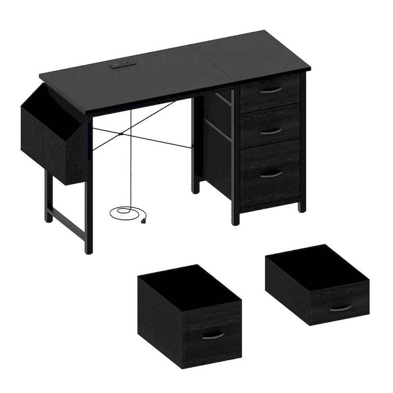 Scrivania da ufficio 120 cm, moderna postazione di lavoro reversibile con ripiano, 3 cassetti, prese di corrente e tasche laterali