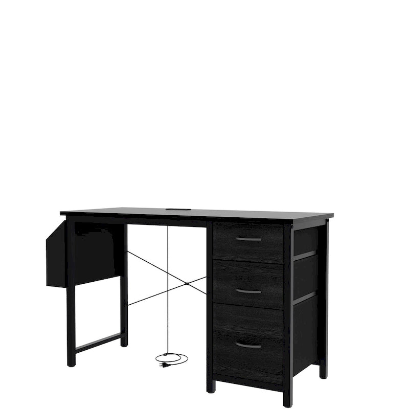 Scrivania da ufficio 120 cm, moderna postazione di lavoro reversibile con ripiano, 3 cassetti, prese di corrente e tasche laterali