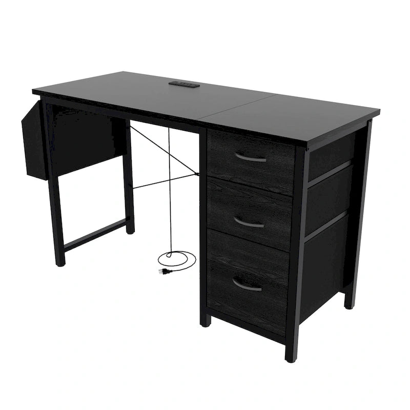 Scrivania da ufficio 120 cm, moderna postazione di lavoro reversibile con ripiano, 3 cassetti, prese di corrente e tasche laterali