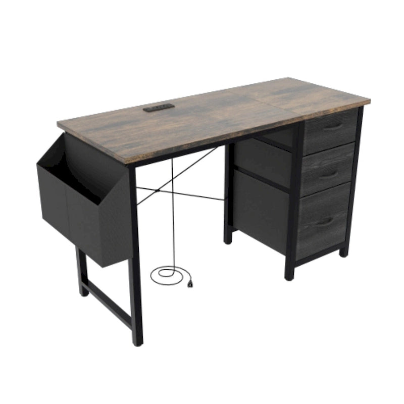 Scrivania da ufficio 120 cm, moderna postazione di lavoro reversibile con ripiano, 3 cassetti, prese di corrente e tasche laterali