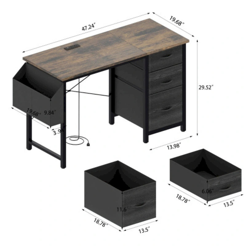 Scrivania da ufficio 120 cm, moderna postazione di lavoro reversibile con ripiano, 3 cassetti, prese di corrente e tasche laterali
