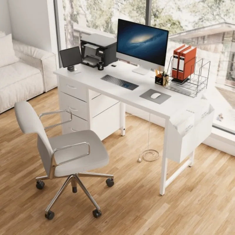 Scrivania da ufficio 120 cm, moderna postazione di lavoro reversibile con ripiano, 3 cassetti, prese di corrente e tasche laterali