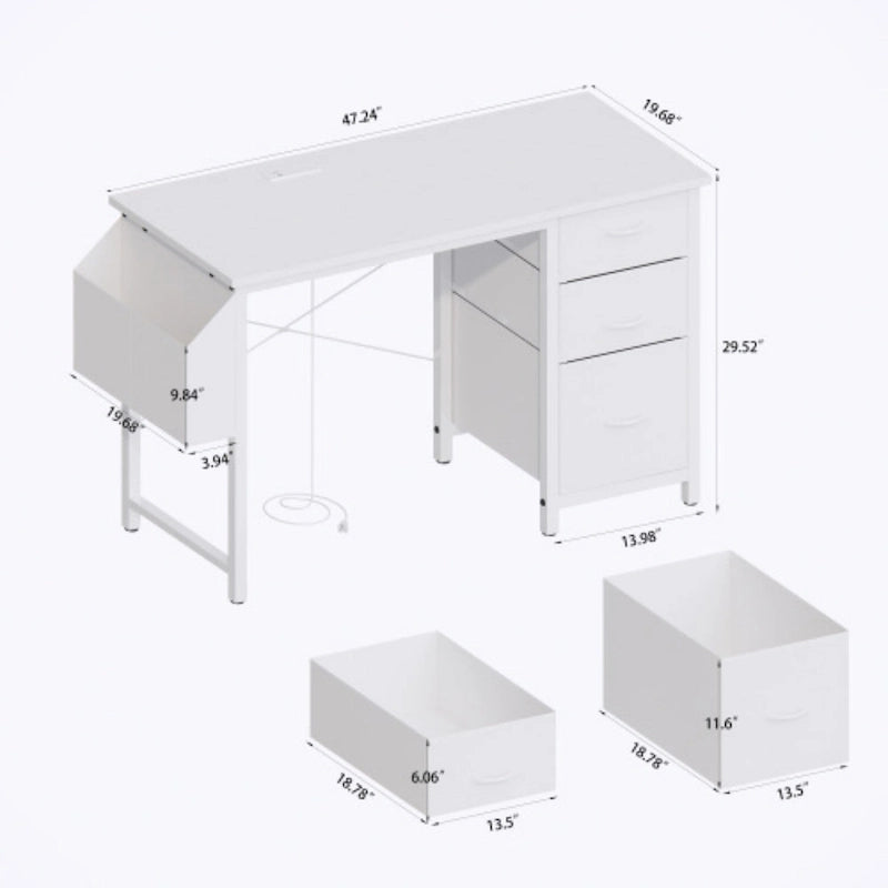 Scrivania da ufficio 120 cm, moderna postazione di lavoro reversibile con ripiano, 3 cassetti, prese di corrente e tasche laterali
