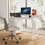 Scrivania da ufficio 120 cm, moderna postazione di lavoro reversibile con ripiano, 3 cassetti, prese di corrente e tasche laterali