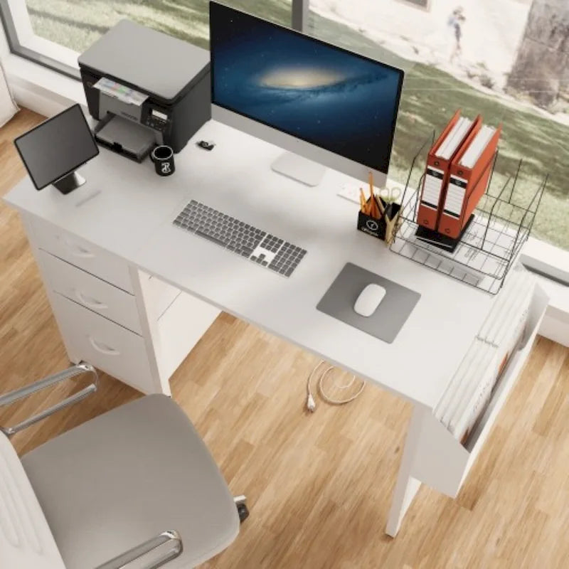 Scrivania da ufficio 120 cm, moderna postazione di lavoro reversibile con ripiano, 3 cassetti, prese di corrente e tasche laterali