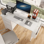 Scrivania da ufficio 120 cm, moderna postazione di lavoro reversibile con ripiano, 3 cassetti, prese di corrente e tasche laterali