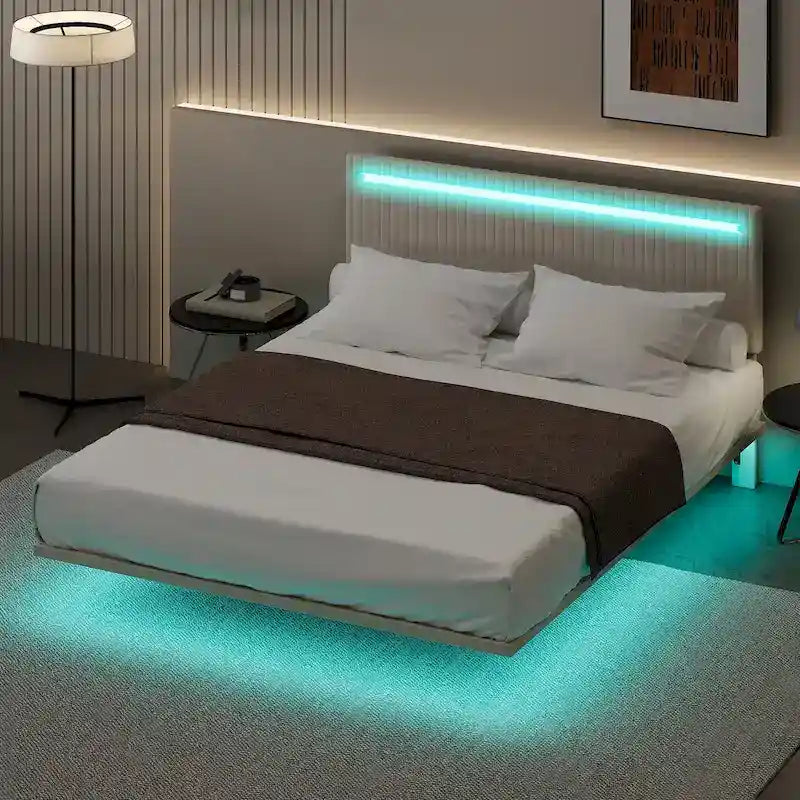 Letto galleggiante con telaio imbottito, letto a piattaforma in velluto, letto regolabile con testiera ad ali, luci sulla testiera, luci a sensore sotto il letto