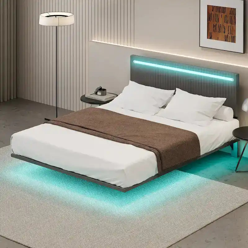 Letto galleggiante con telaio imbottito, letto a piattaforma in velluto, letto regolabile con testiera ad ali, luci sulla testiera, luci a sensore sotto il letto