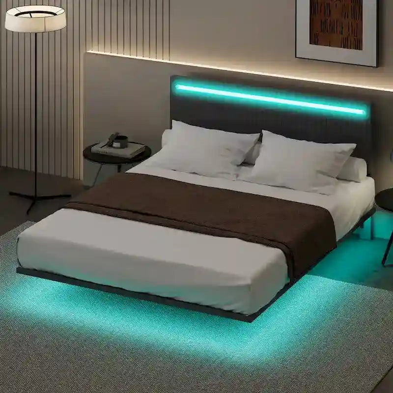 Letto galleggiante con telaio imbottito, letto a piattaforma in velluto, letto regolabile con testiera ad ali, luci sulla testiera, luci a sensore sotto il letto