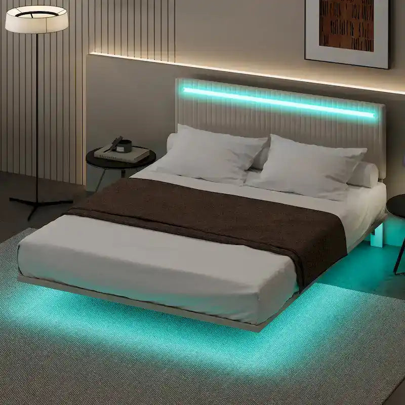 Letto galleggiante con telaio imbottito, letto a piattaforma in velluto, letto regolabile con testiera ad ali, luci sulla testiera, luci a sensore sotto il letto