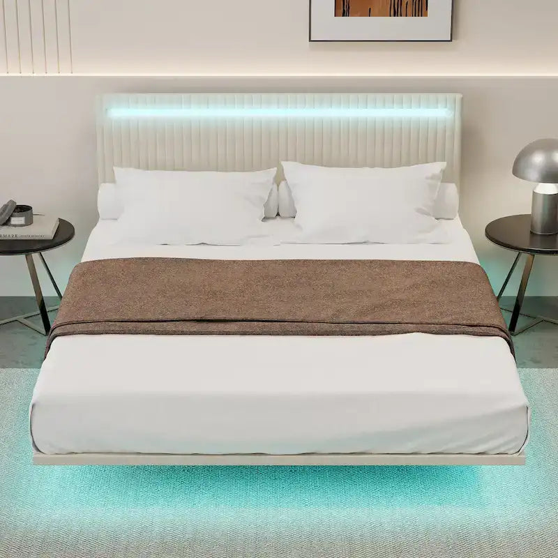 Letto galleggiante con telaio imbottito, letto a piattaforma in velluto, letto regolabile con testiera ad ali, luci sulla testiera, luci a sensore sotto il letto