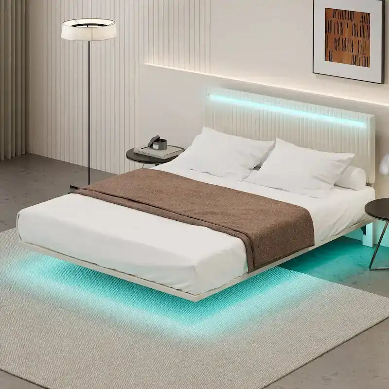 Letto galleggiante con telaio imbottito, letto a piattaforma in velluto, letto regolabile con testiera ad ali, luci sulla testiera, luci a sensore sotto il letto