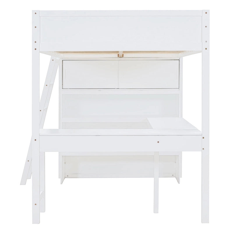 Letto a soppalco matrimoniale bianco in legno massello con scrivania e scaffale per bambini