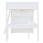 Letto a soppalco matrimoniale bianco in legno massello con scrivania e scaffale per bambini