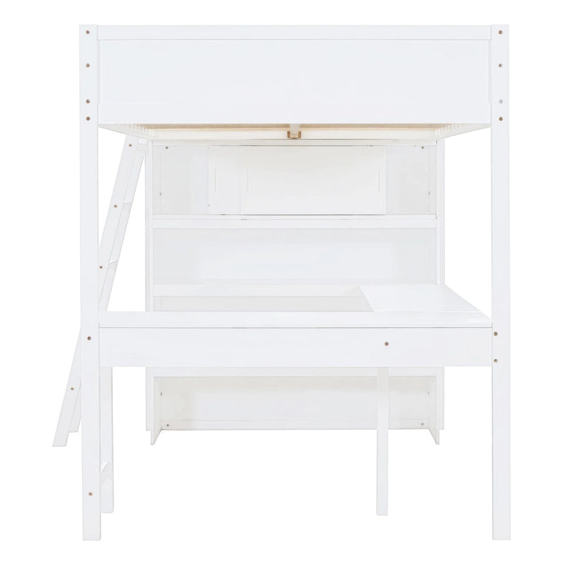 Letto a soppalco matrimoniale bianco in legno massello con scrivania e scaffale per bambini