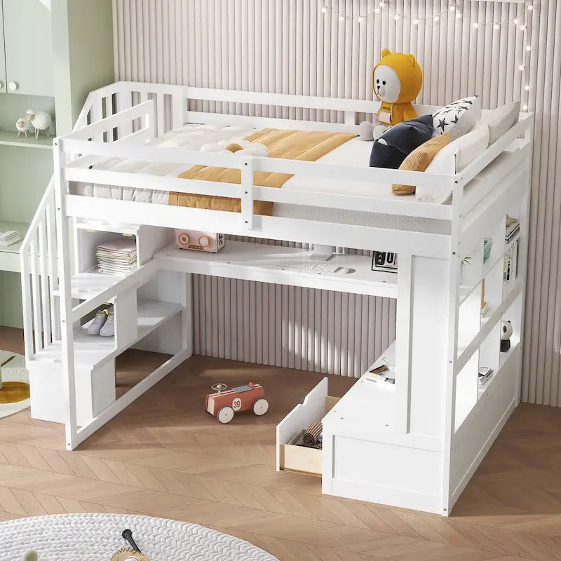 Letto a soppalco bianco in legno massello con scrivania e cassetti