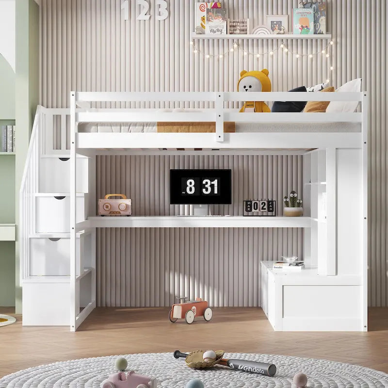 Letto a soppalco bianco in legno massello con scrivania e cassetti