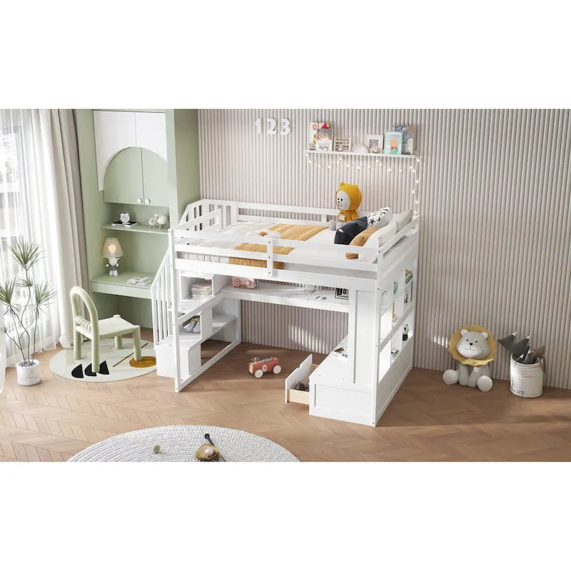 Letto a soppalco bianco in legno massello con scrivania e cassetti