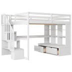 Letto a soppalco bianco in legno massello con scrivania e cassetti