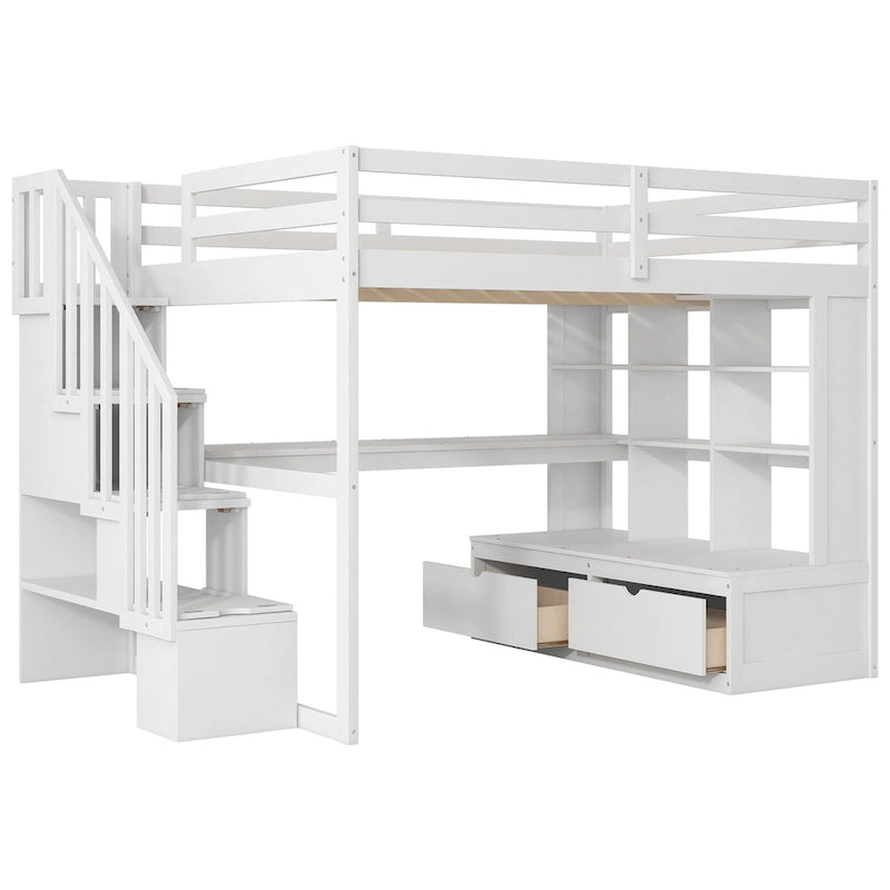 Letto a soppalco bianco in legno massello con scrivania e cassetti