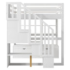 Letto a soppalco bianco in legno massello con scrivania e cassetti