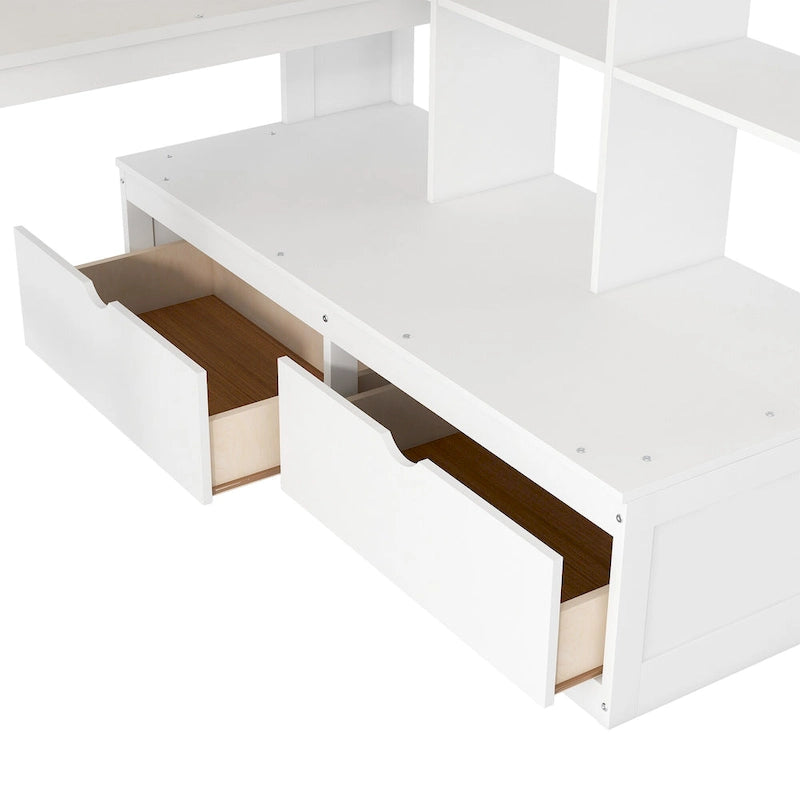 Letto a soppalco bianco in legno massello con scrivania e cassetti