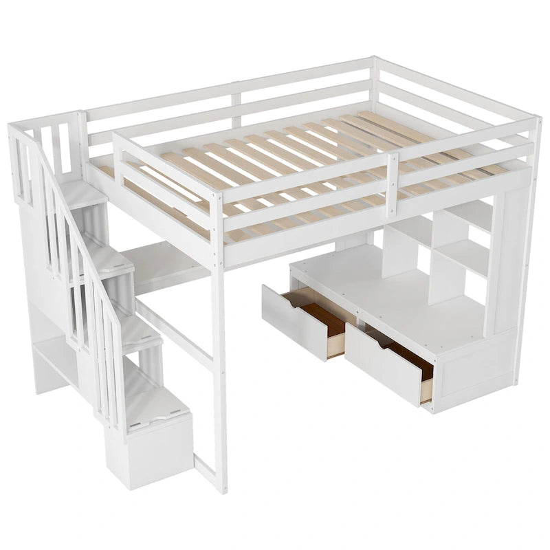 Letto a soppalco bianco in legno massello con scrivania e cassetti