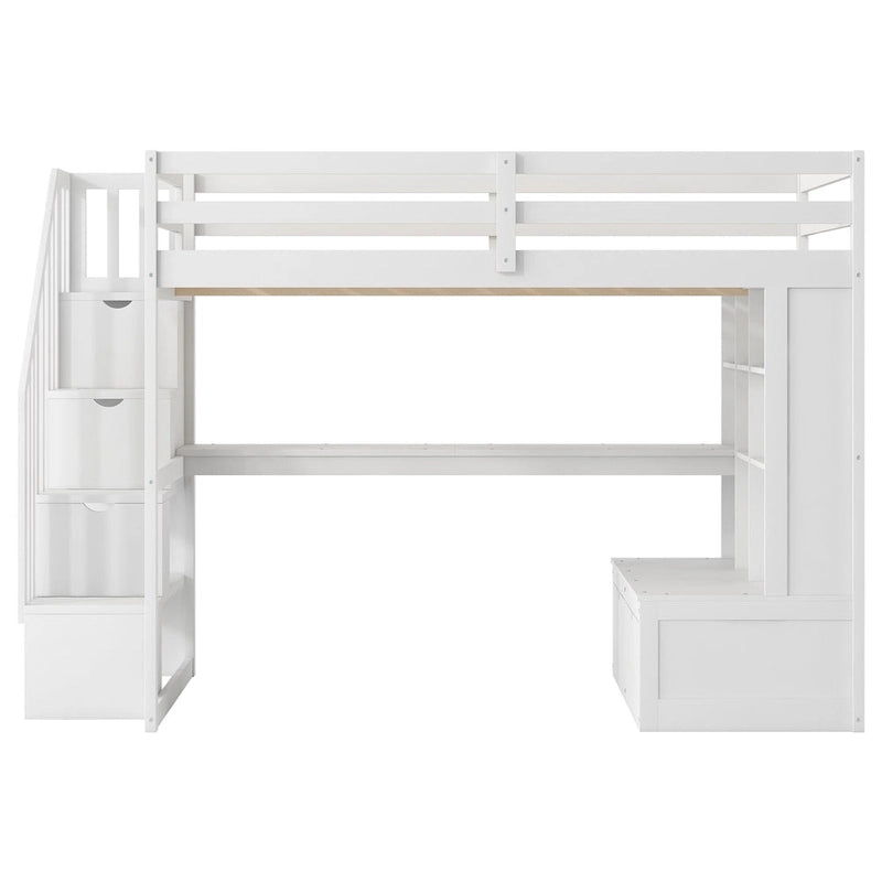 Letto a soppalco bianco in legno massello con scrivania e cassetti