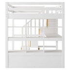 Letto a soppalco bianco in legno massello con scrivania e cassetti