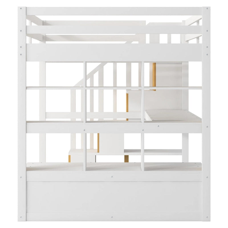 Letto a soppalco bianco in legno massello con scrivania e cassetti