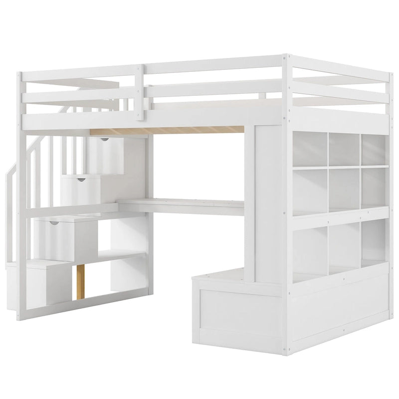 Letto a soppalco bianco in legno massello con scrivania e cassetti