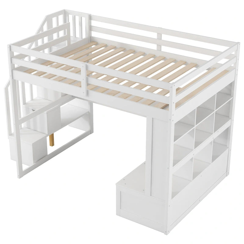 Letto a soppalco bianco in legno massello con scrivania e cassetti