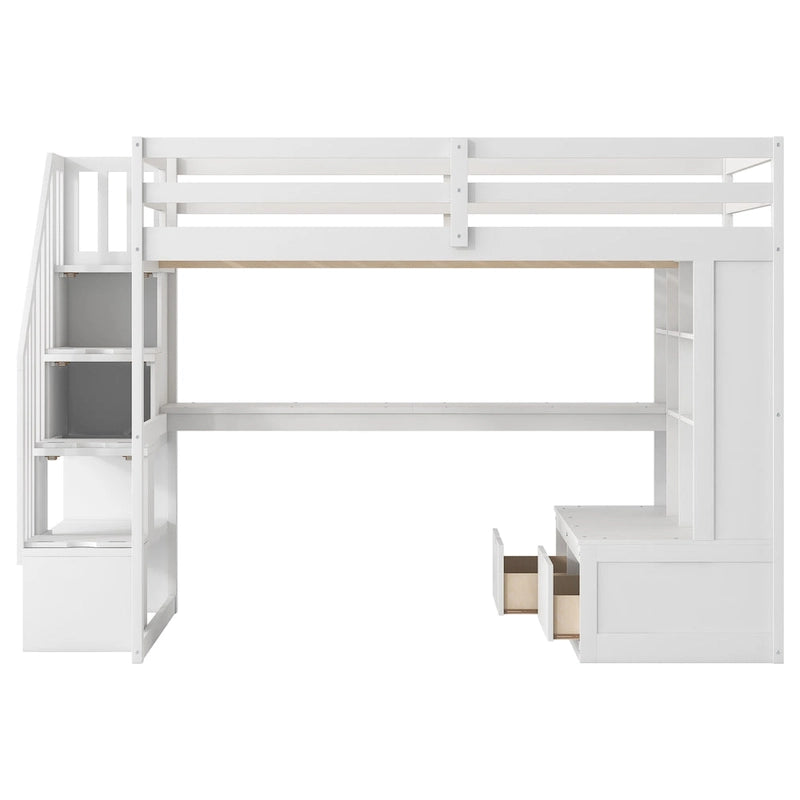 Letto a soppalco bianco in legno massello con scrivania e cassetti