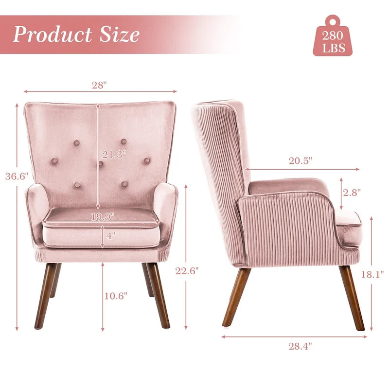 Poltrona moderna in velluto imbottita con schienale a orecchioni, set da 2 - 36,6 H x 28 L x 28,4 P
