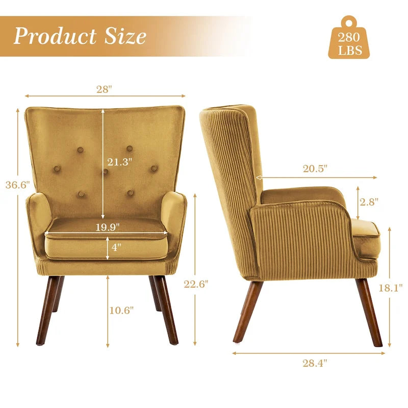 Poltrona moderna in velluto imbottita con schienale a orecchioni, set da 2 - 36,6 H x 28 L x 28,4 P