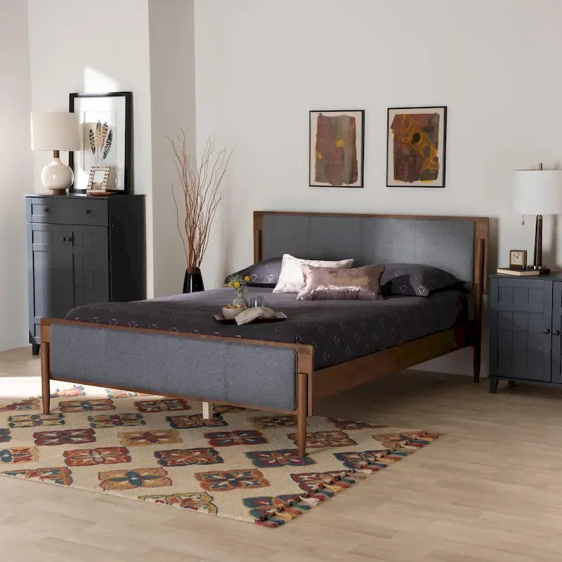   Mid-Century Modern Grey Fabric and Ash Walnut Finished Wood Platform Bed