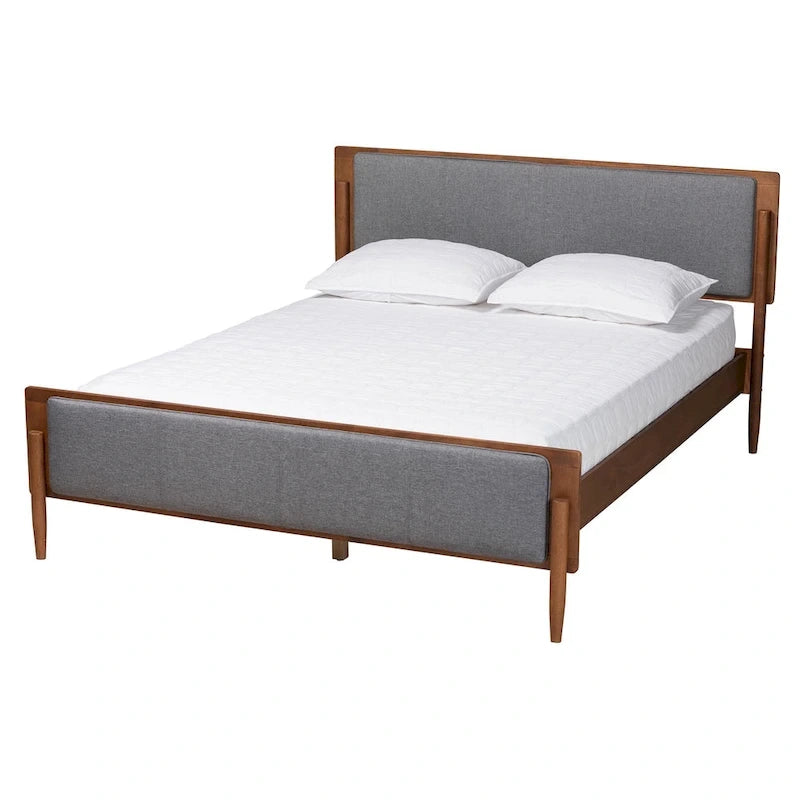 Letto con piattaforma in legno finitura noce e tessuto grigio, stile Mid-Century Modern