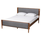 Letto con piattaforma in legno finitura noce e tessuto grigio, stile Mid-Century Modern