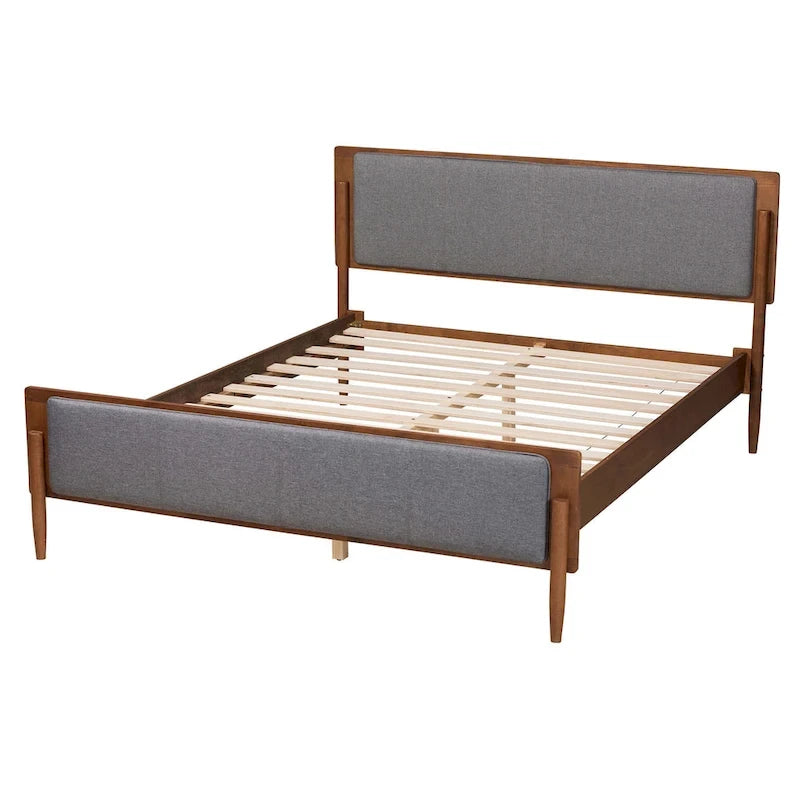 Letto con piattaforma in legno finitura noce e tessuto grigio, stile Mid-Century Modern