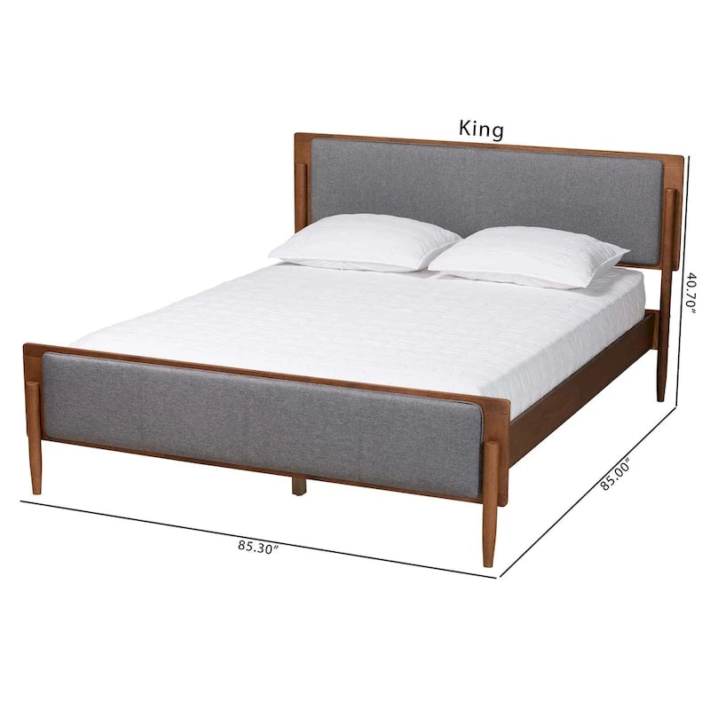 Letto con piattaforma in legno finitura noce e tessuto grigio, stile Mid-Century Modern