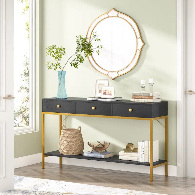   54.33 Console Table with 3 Drawers, Black Entryway Table with Storage Shelves