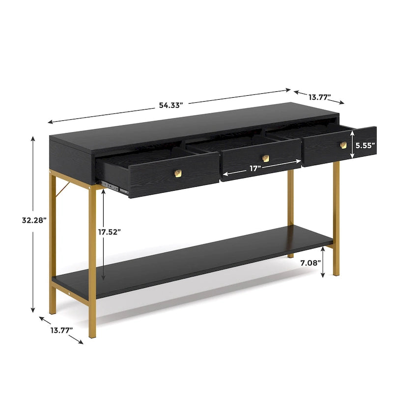 54.33 Console Tavolo con 3 Cassetti, Tavolo da Ingresso Nero con Ripiani Contenitori
